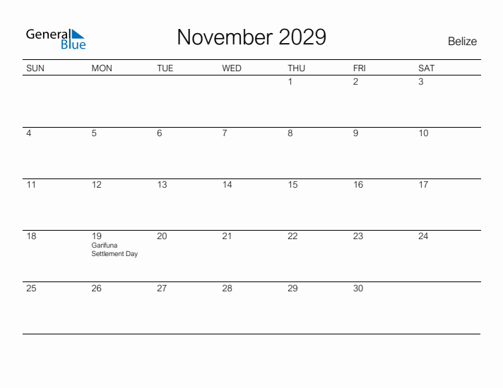 Printable November 2029 Calendar for Belize