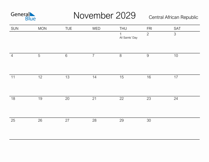 Printable November 2029 Calendar for Central African Republic