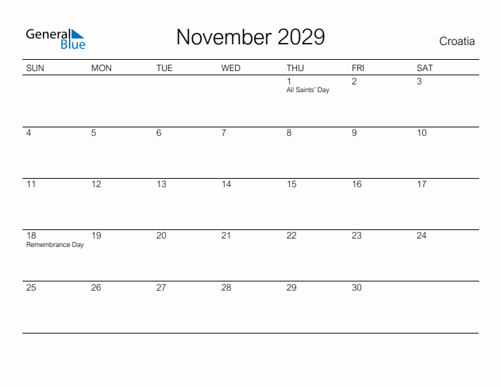 Printable November 2029 Calendar for Croatia