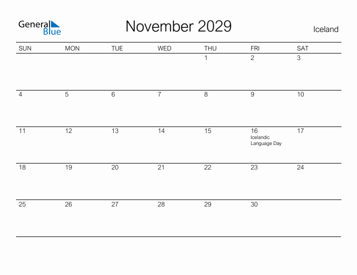 Printable November 2029 Calendar for Iceland