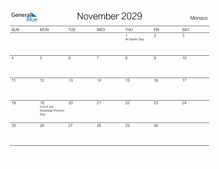Printable November 2029 Calendar for Monaco