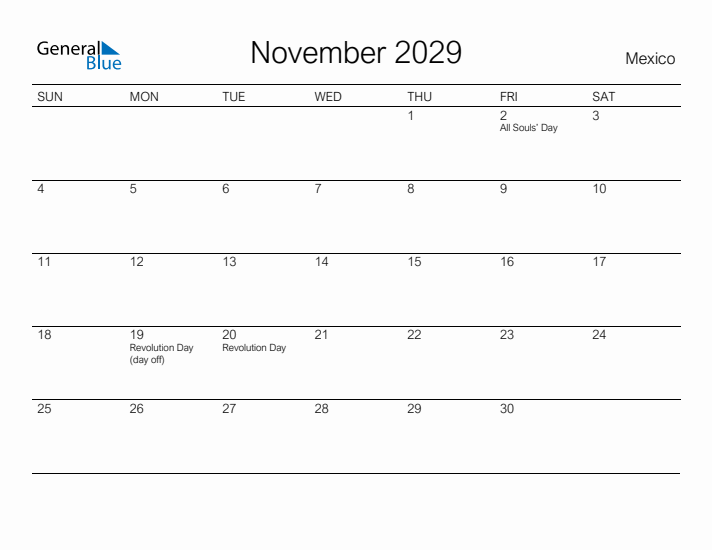 Printable November 2029 Calendar for Mexico
