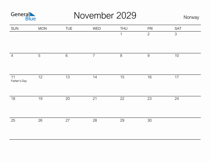 Printable November 2029 Calendar for Norway