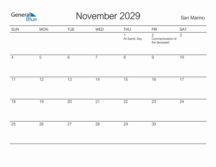 Printable November 2029 Calendar for San Marino