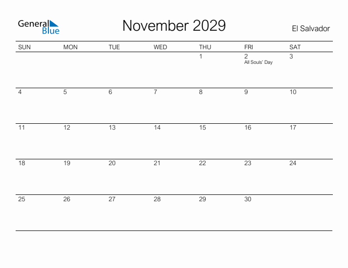 Printable November 2029 Calendar for El Salvador