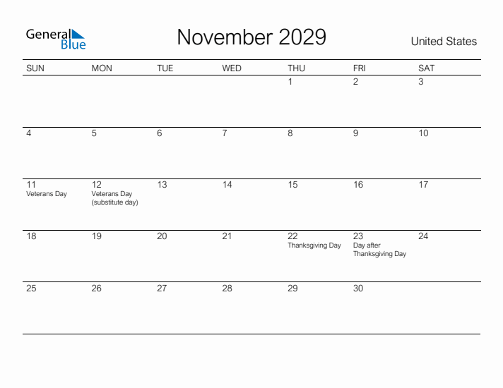 Printable November 2029 Calendar for United States