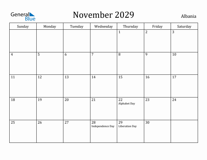 November 2029 Calendar Albania