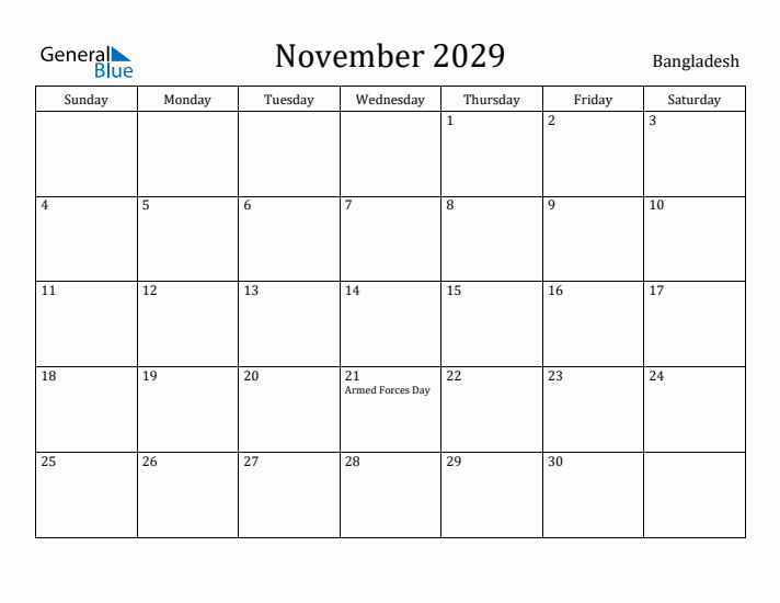 November 2029 Calendar Bangladesh