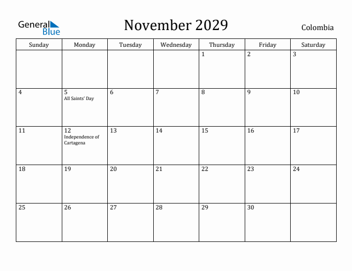 November 2029 Calendar Colombia