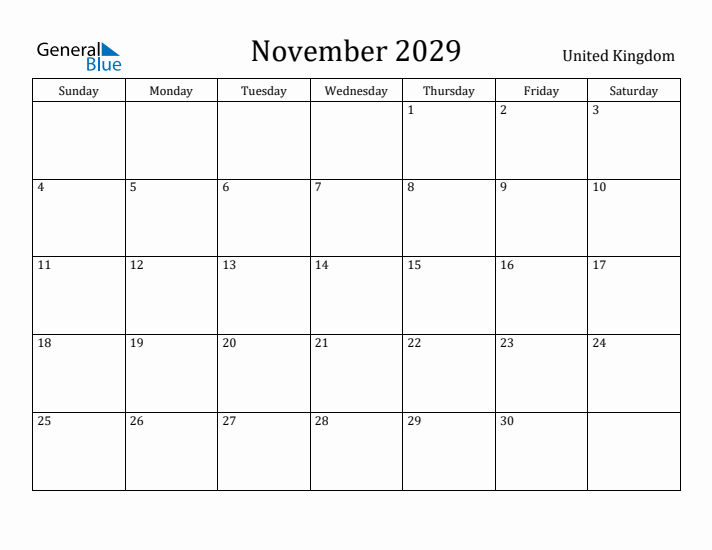 November 2029 Calendar United Kingdom