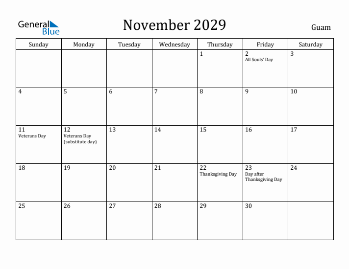 November 2029 Calendar Guam