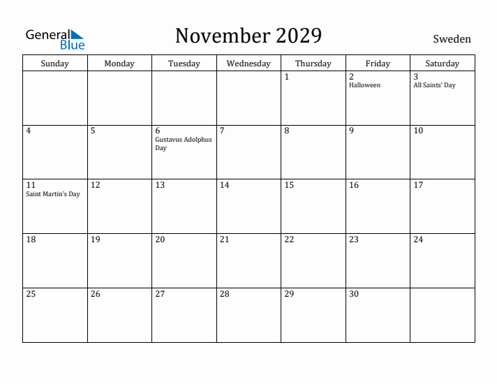November 2029 Calendar Sweden