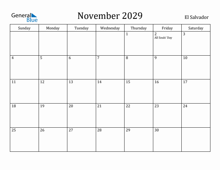 November 2029 Calendar El Salvador