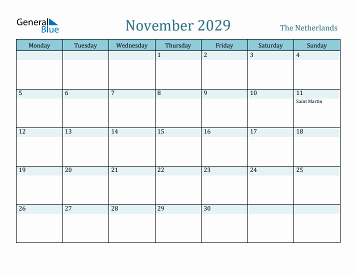 November 2029 Calendar with Holidays