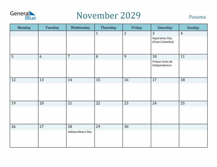 November 2029 Calendar with Holidays