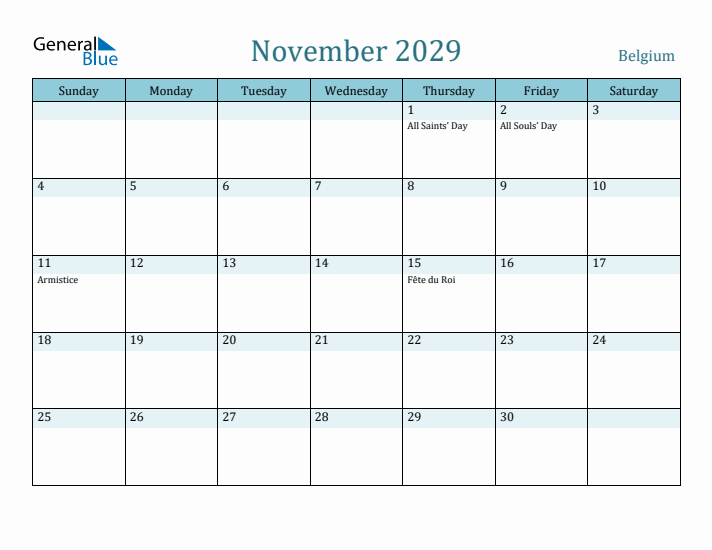 November 2029 Calendar with Holidays