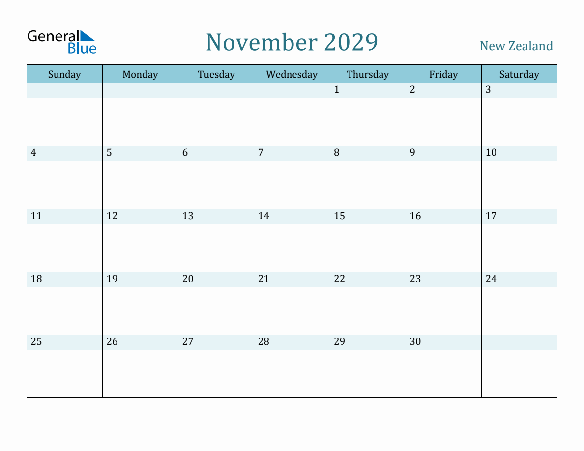 New Zealand Holiday Calendar For November 2029