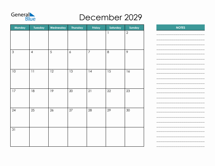 December 2029 Calendar with Notes