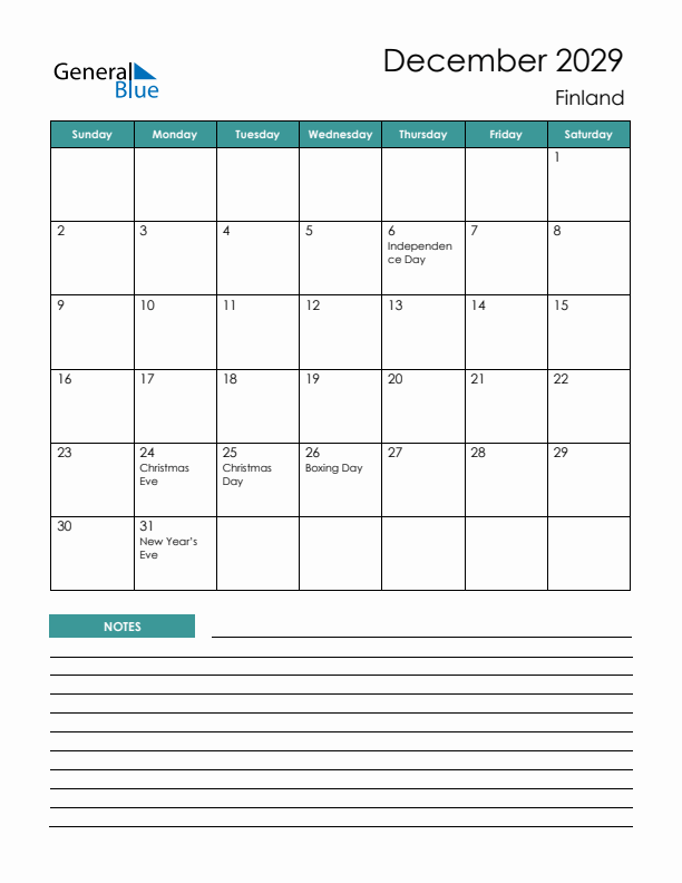 Calendar with Notes Printable - Sunday Start