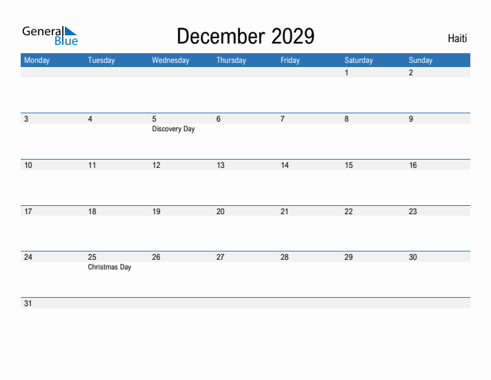 Fillable December 2029 Calendar