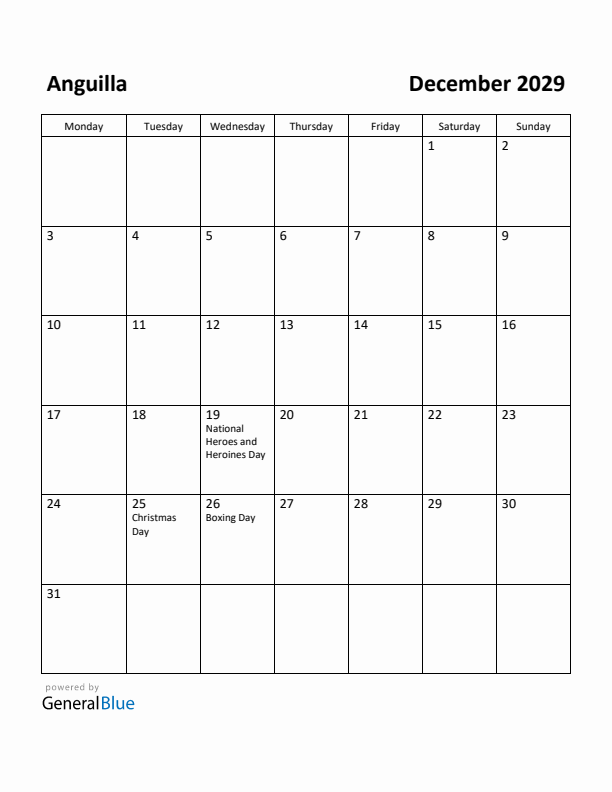 December 2029 Calendar with Anguilla Holidays