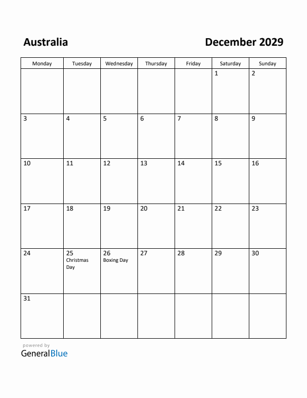December 2029 Calendar with Australia Holidays