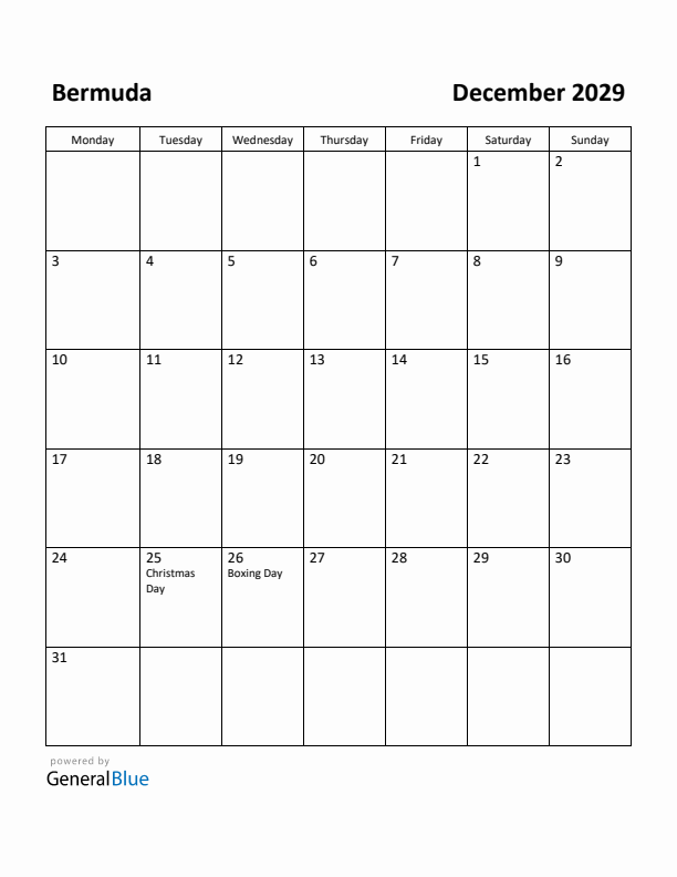 December 2029 Calendar with Bermuda Holidays