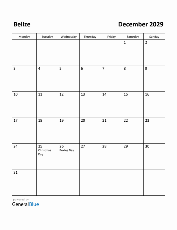 December 2029 Calendar with Belize Holidays