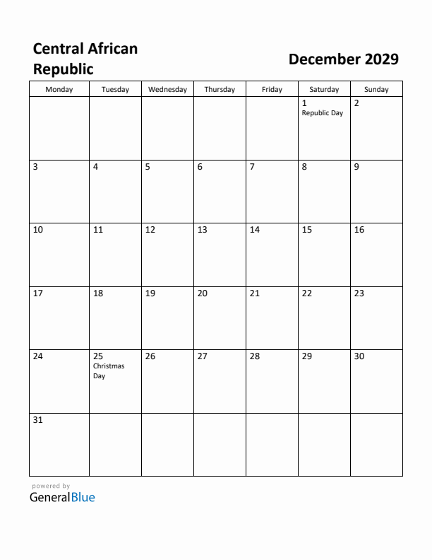 December 2029 Calendar with Central African Republic Holidays