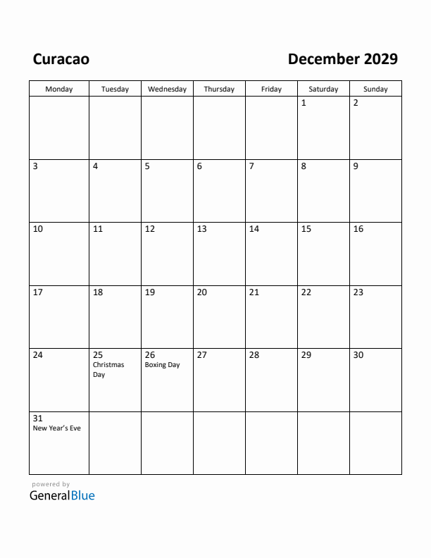 December 2029 Calendar with Curacao Holidays