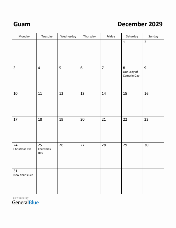 December 2029 Calendar with Guam Holidays
