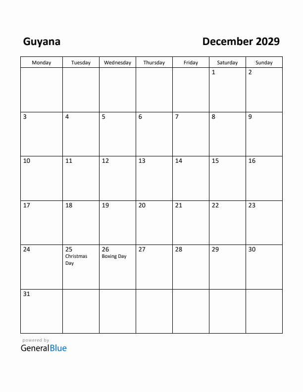 December 2029 Calendar with Guyana Holidays