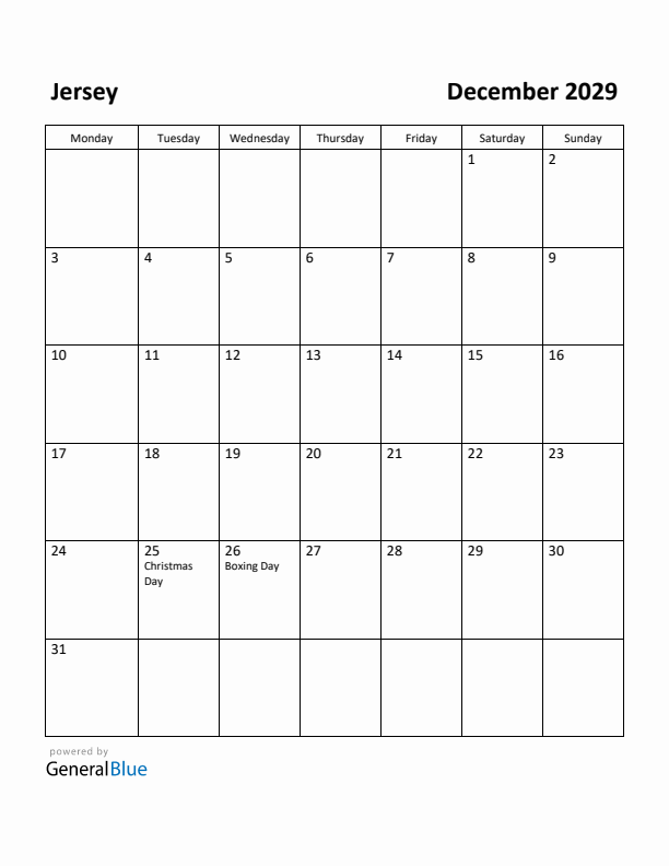 December 2029 Calendar with Jersey Holidays