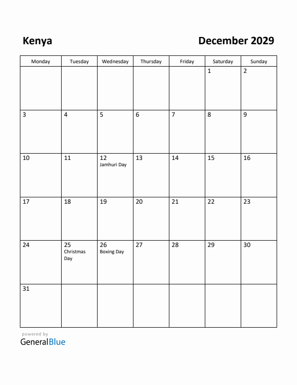 December 2029 Calendar with Kenya Holidays