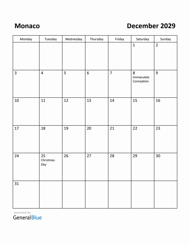 December 2029 Calendar with Monaco Holidays