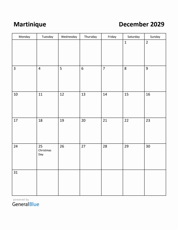December 2029 Calendar with Martinique Holidays