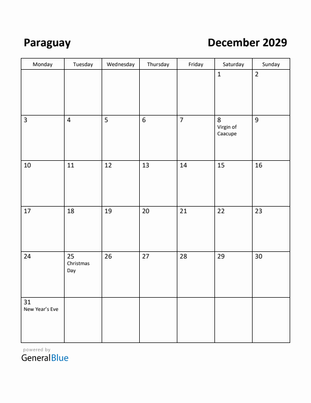 December 2029 Calendar with Paraguay Holidays