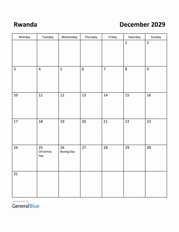 December 2029 Calendar with Rwanda Holidays