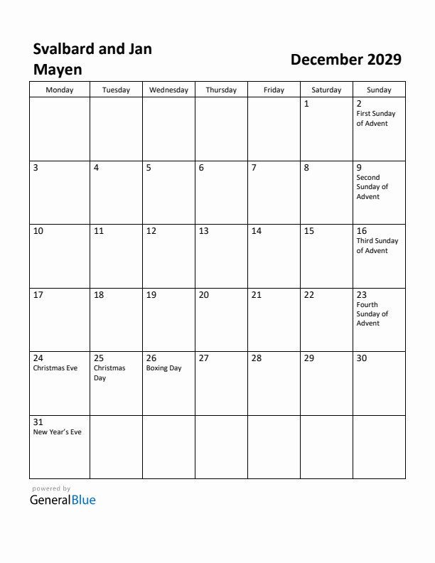 December 2029 Calendar with Svalbard and Jan Mayen Holidays
