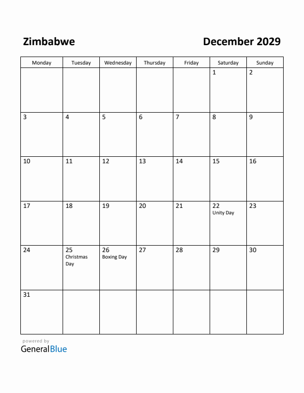 December 2029 Calendar with Zimbabwe Holidays