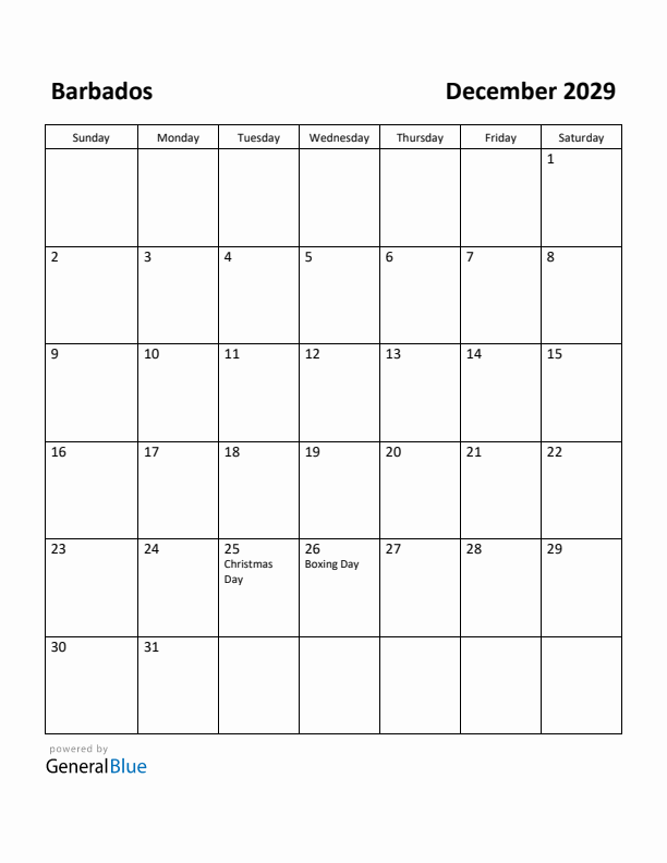 December 2029 Calendar with Barbados Holidays