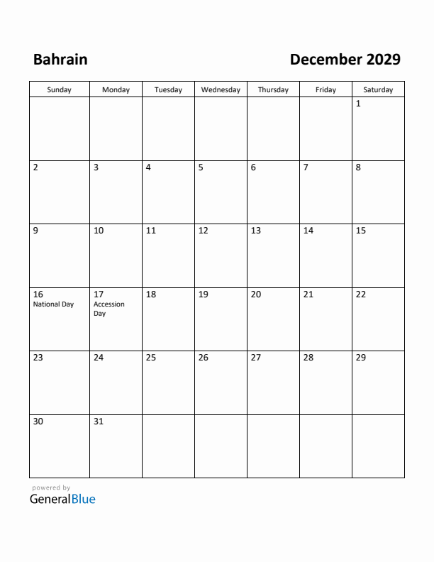 December 2029 Calendar with Bahrain Holidays