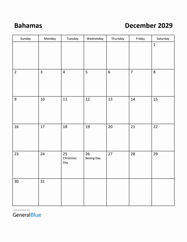 December 2029 Calendar with Bahamas Holidays