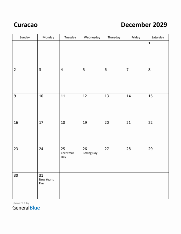 December 2029 Calendar with Curacao Holidays