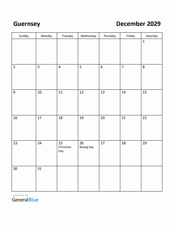 December 2029 Calendar with Guernsey Holidays