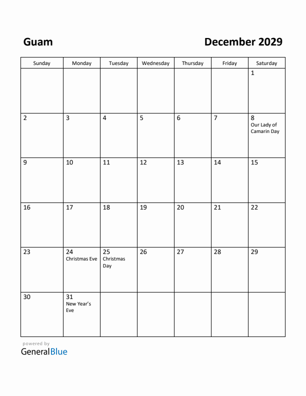 December 2029 Calendar with Guam Holidays