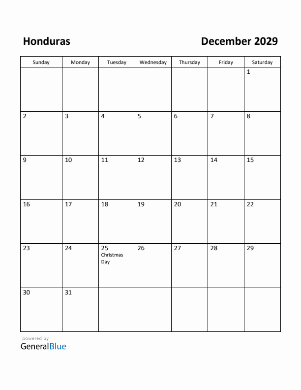 December 2029 Calendar with Honduras Holidays