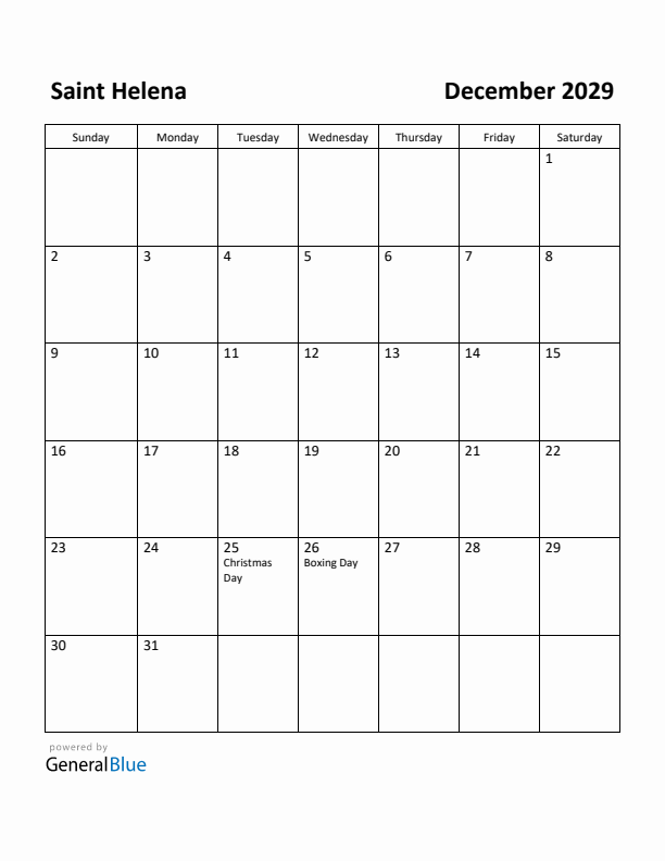 December 2029 Calendar with Saint Helena Holidays