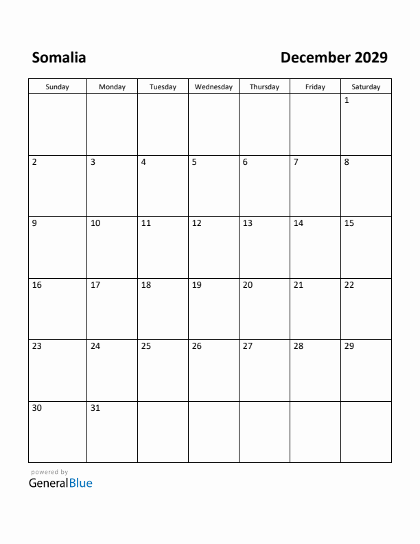December 2029 Calendar with Somalia Holidays