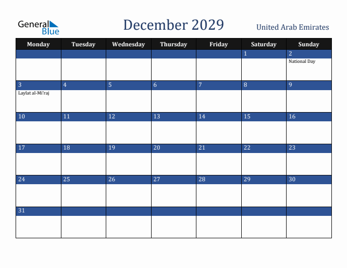 December 2029 United Arab Emirates Calendar (Monday Start)